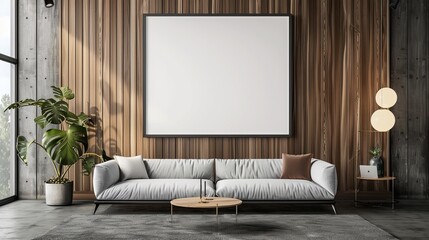 Sticker - A modern living room featuring a white sofa, textured wood paneling, a blank canvas frame, and indoor plants, offering a cozy and stylish atmosphere. Ideal for contemporary interiors.