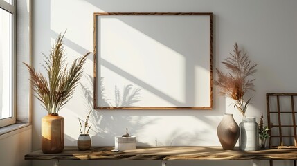 Sticker - A minimalist setup featuring a wooden table decorated with various plants and an empty wooden frame placed against a well-lit, white wall, offering subtle tranquility.