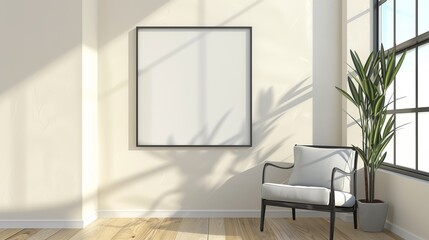 Canvas Print - A minimalist room featuring a sleek chair, a tall indoor plant, and an empty picture frame on the wall with sunlight casting shadows into the space, creating a serene ambiance.