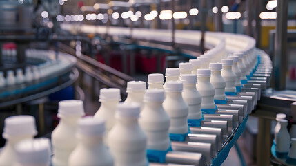 Wall Mural -  hundreds of yoghurt bottles going to camera direction on production line,