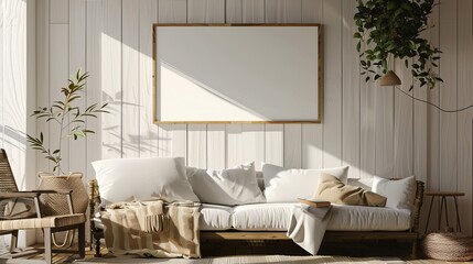 Wall Mural - A cozy living room featuring a white daybed, wooden decor elements, sunlit space, and lush greenery, creating a warm and inviting atmosphere perfect for relaxation.