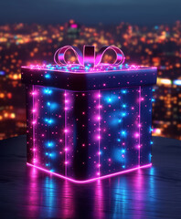 Wall Mural - Ein königsblauer Geschenkbox, die mit neonblauen und rosa Lichtern leuchtet