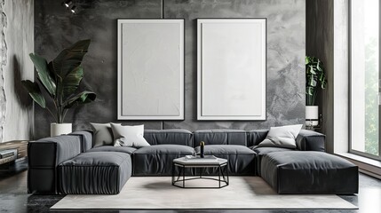 Canvas Print - This image depicts a luxurious modern living room with a gray sectional sofa, minimalist decor elements, and large blank canvases on the wall.