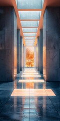 Poster - This photograph depicts an architectural hallway with tall windows that let natural light in, creating beautiful intricate shadows on the glossy floor, adding a serene ambiance.