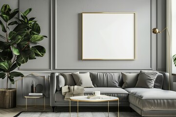 Sticker - A stylish living room with a grey sectional sofa, golden framed wall art, a coffee table, and cozy decor elements, including a large indoor plant and soft cushions.