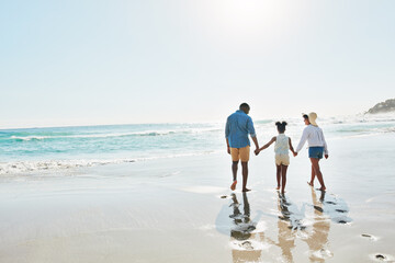 Poster - Black family, back and holding hands with child on beach for bonding, holiday or outdoor weekend. African mother, father and kid walking in sunshine together for fun summer by ocean coast in nature