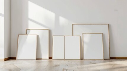 Wall Mural - A collection of empty white frames in various sizes leaning against a white wall, bathed in natural light and shadows.