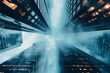 © StockUp - A dramatic perspective of four skyscrapers converging in the misty sky, creating an illusion of endless height.