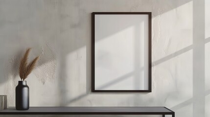 Sticker - A minimalist scene with a black frame on a table and a vase filled with pampas grass, set against a light textured wall with play of shadows and natural light.