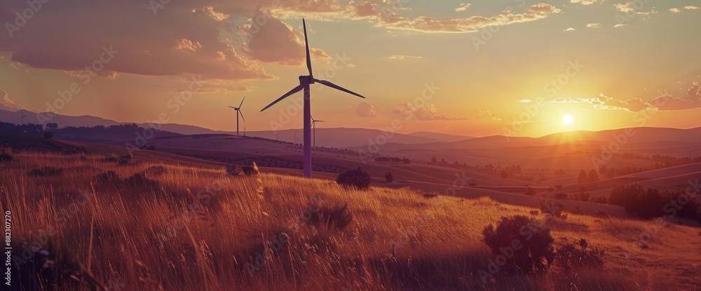 Wind turbines cast long shadows over rolling fields at sunset ...