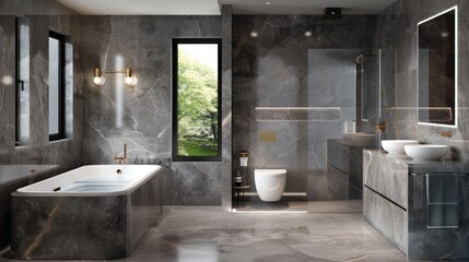 Wall Mural - An elegant grey marble bathroom with ambient LED lighting, a stylish double vanity with vessel sinks, and a freestanding tub positioned near a large window.