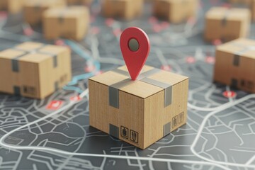 Red location pin floating above a package in a cardboard box above a road map