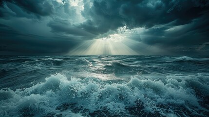 Sunlight breaking through storm clouds at sea