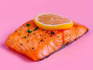 Grilled Salmon with Lemon on a Pink Background