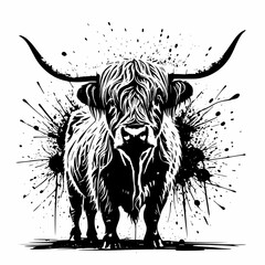 Highland cow black splash background illustration silhouette vector isolated on white background