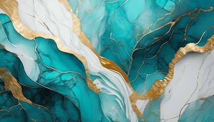 Wall Mural - Generative AI illustration of turquoise and white marble texture background with cracked gold details 