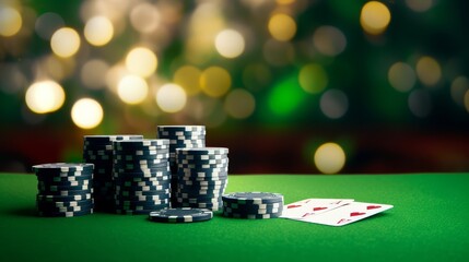 casino chips and playing cards on a green felt table - a close-up of a green felt casino table with 