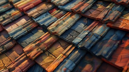 Colorful Roof Tiles Closeup - A closeup of an old roof with colorful tiles showing intricate patterns and textures. - A closeup of an old roof with colorful tiles showing intricate patterns and textur