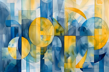 Wall Mural - abstract watercolor triptych featuring geometric shapes in vibrant yellow and cool blue fluid textures organic forms blend with precise lines modern galleryworthy composition