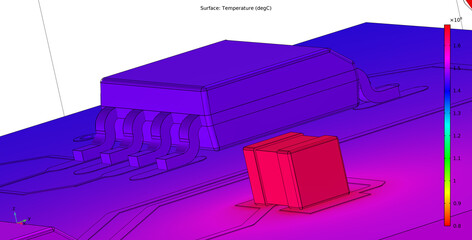 Canvas Print - Computer 3d modeling of temperature distribution 
on surface of printed circuit
board of electronic device and pcb components
(capacitor, integrated circuit), conductors. 
Thermal analysis.