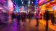 © Maestro - Busy trade show floor with motion blur effect and colorful lights, capturing the dynamic energy and bustling activity of a commercial exhibition