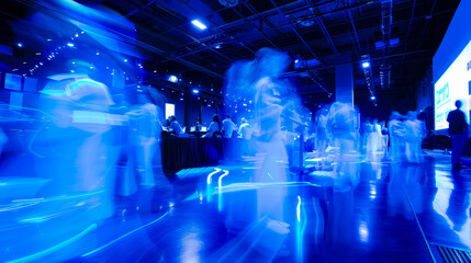 Dynamic Blue Motion Blur Scene at a Modern Technology Conference with Abstract Light Trails