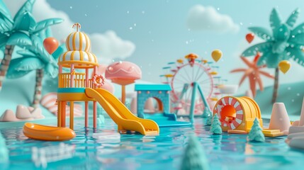 Wall Mural - Minimalist, 3d rendering of summer background with water slide and swimming pool, palm tree, ferris wheel |ミニマリスト、夏の背景にウォーター スライドとスイミング プール、ヤシの木、観覧車、子供のパーティー ポスター デザイン用のバルーンの 3 d レンダリング