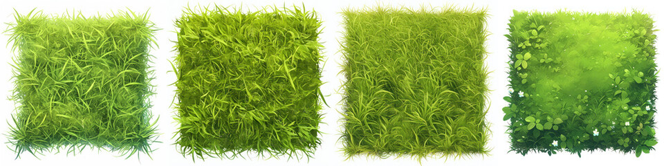 collection of four different green grass textures in square shapes, perfect for backgrounds, landsca