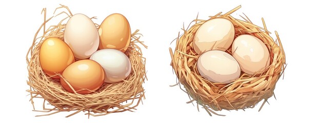 Two bird nests with brown and white eggs on a white background symbolizing nature, life, and springtime.