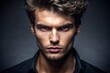 © Adisorn - Dark background highlights strong facial features of a determined young man with chiseled jawline, piercing eyes, and stylishly messy hair, conveying confidence and intensity.