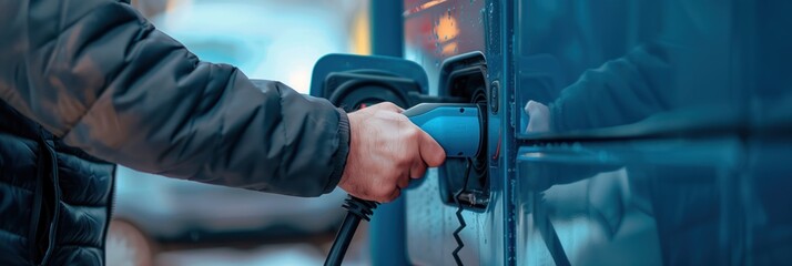 Man inserts electric car charger plug into big electric truck charging port at modern charging station. Electric vehicle charging process in. Eco-friendly transportation innovation.