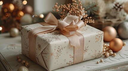 Elegant gift wrapped in beige paper with a satin bow, decorated with delicate ornaments, perfect for special occasions.