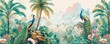© Nika - Vintage wallpaper of a dense jungle with bright peacocks, playful meerkats, and towering palm trees in pastel colors, capturing an enchanting rainforest with vibrant flowers and serene mountains.