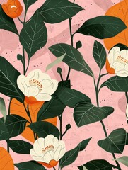 Poster - A stylized illustration of white and orange camellia flowers with green leaves, set against a pink background