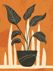 Poster - A stylized black and white illustration of a potted plant with leaves against an orange background with white stripes