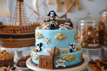 Wall Mural - Pirate Themed Birthday Cake with Ship and Treasure Chest Decorations - Perfect for Party Celebrations