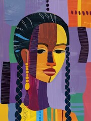 Wall Mural - A vibrant painting featuring a woman with long, braided hair, her face painted with bold, abstract shapes in various colors