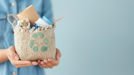 Canvas Print - Hands Holding a Recycling Bag with a Recycling Symbol.