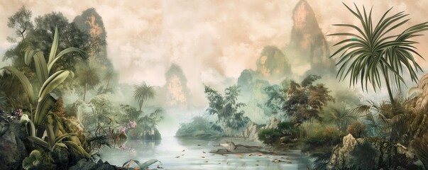 Vintage wallpaper of a jungle river with exotic fish, bamboo trees and rocky cliffs in pastel tones. mural art style. 