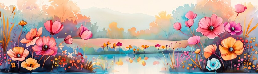 Poster - Watercolor Floral Landscape with Lake Reflection.