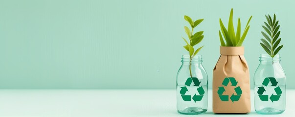 Canvas Print - Green Recycling Symbol on Glass and Paper Containers