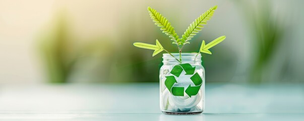 Canvas Print - Green Plant Growing in a Glass Jar with Recycle Symbol