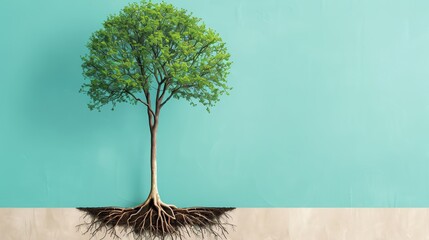 Wall Mural - Tree Roots Against Turquoise Background.