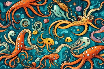 Canvas Print - Cute color octopuses, sea animals with tentacles. Vector cartoon set of ocean invertebrates, marine animals, squid or kraken with suckers on hands0