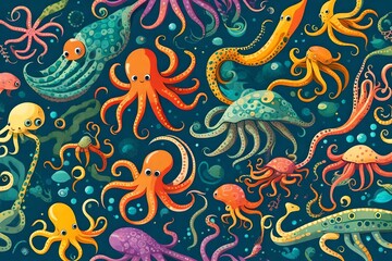 Canvas Print - Cute color octopuses, sea animals with tentacles. Vector cartoon set of ocean invertebrates, marine animals, squid or kraken with suckers on hands0