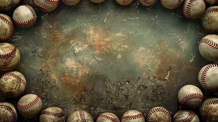 Wall Mural - Vintage baseball background with textured surface and space surrounded by collection of used game balls