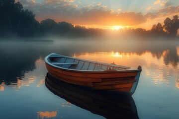 Wall Mural - A tranquil lake at dawn with mist rising from the water, a small rowboat, and the sun starting to break through the clouds