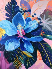 Poster - A single, large blue flower with a yellow center is surrounded by dark green leaves and a pink background