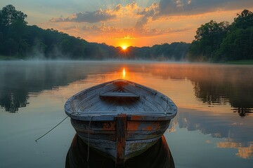 Wall Mural - A tranquil lake at dawn with mist rising from the water, a small rowboat, and the sun starting to break through the clouds