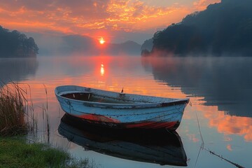 Wall Mural - A tranquil lake at dawn with mist rising from the water, a small rowboat, and the sun starting to break through the clouds